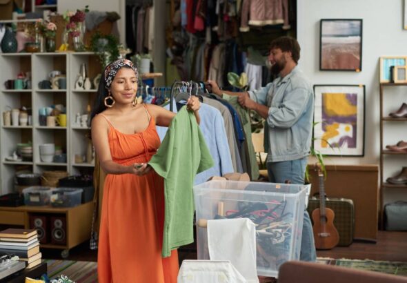 Young smiling woman looking at green blouse on hanger while standing in thrift shop and choosing new casual apparel