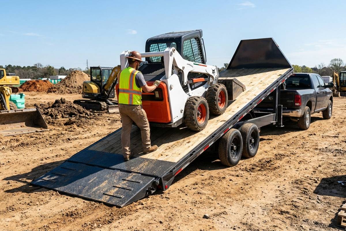 tilt deck trailer loading skid steer at worksite