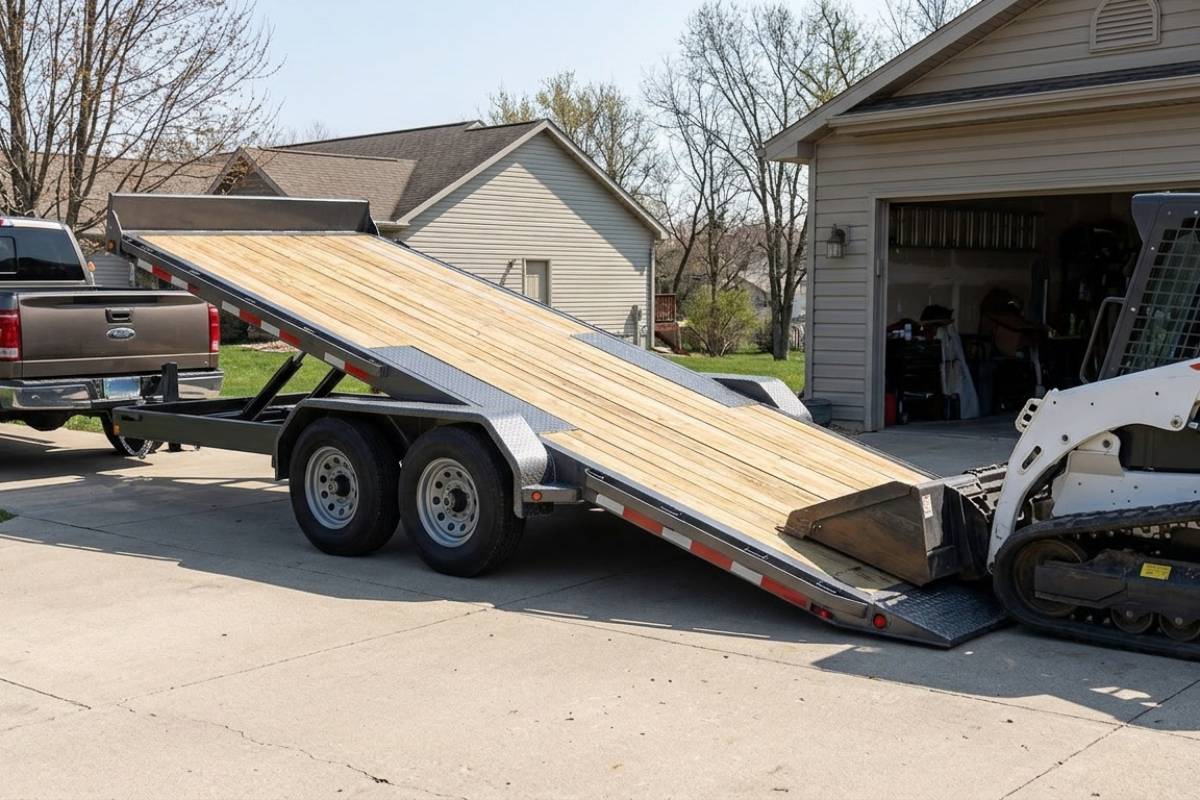 tilt deck trailer with deck tilted down for loading