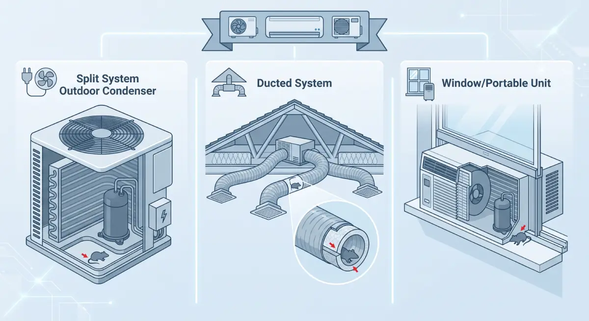 Diagram of where rats hide in different air conditioner types
