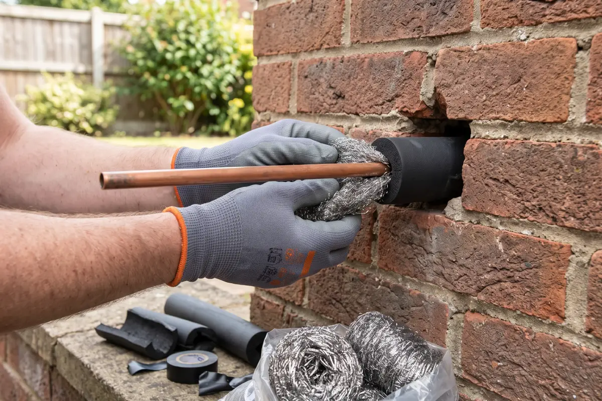 Sealing air conditioner pipe hole with steel wool to block rats